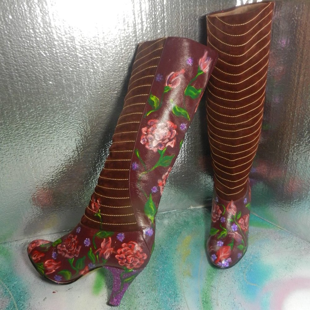 VTG OOAK floral suede boots Never Promised You a Rose Garden burgundy leather - Picture 2 of 16